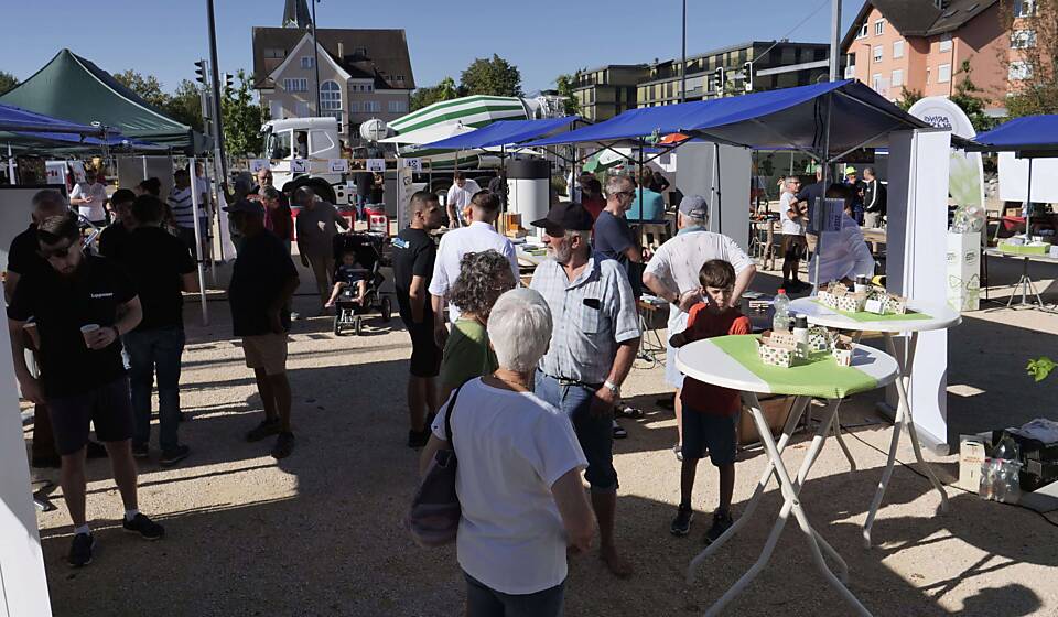 Besucherinnen und Besucher an den verschiedenen Beratungsständen auf dem Dorfplatz.