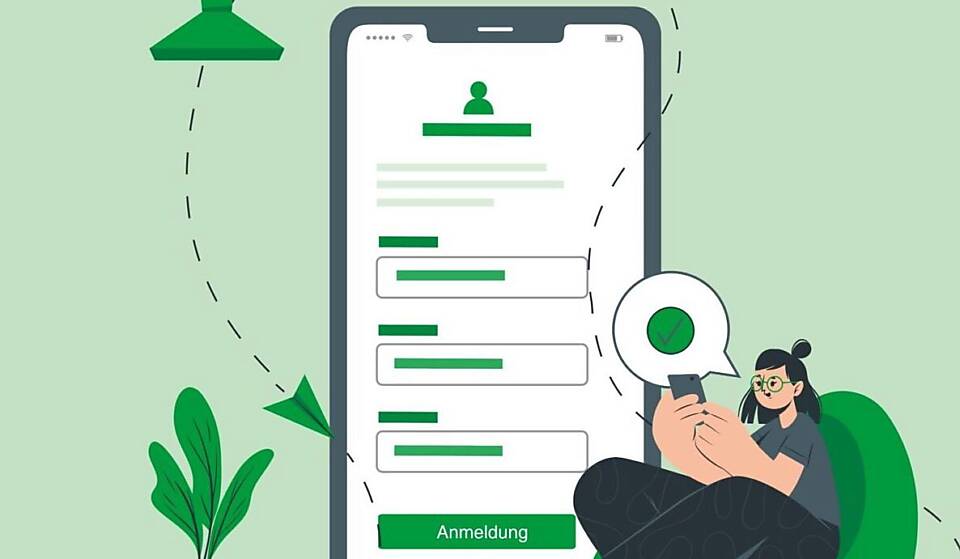 Eine Grafik: Eine Frau sitzt auf einem Sessel und bedient das Smartphone. Im Hintergrund ist ein grosses Smartphone zusehen auf dem Anmeldung steht. Papierflieger fliegen durch den Raum. Alles ist gezeichnet.